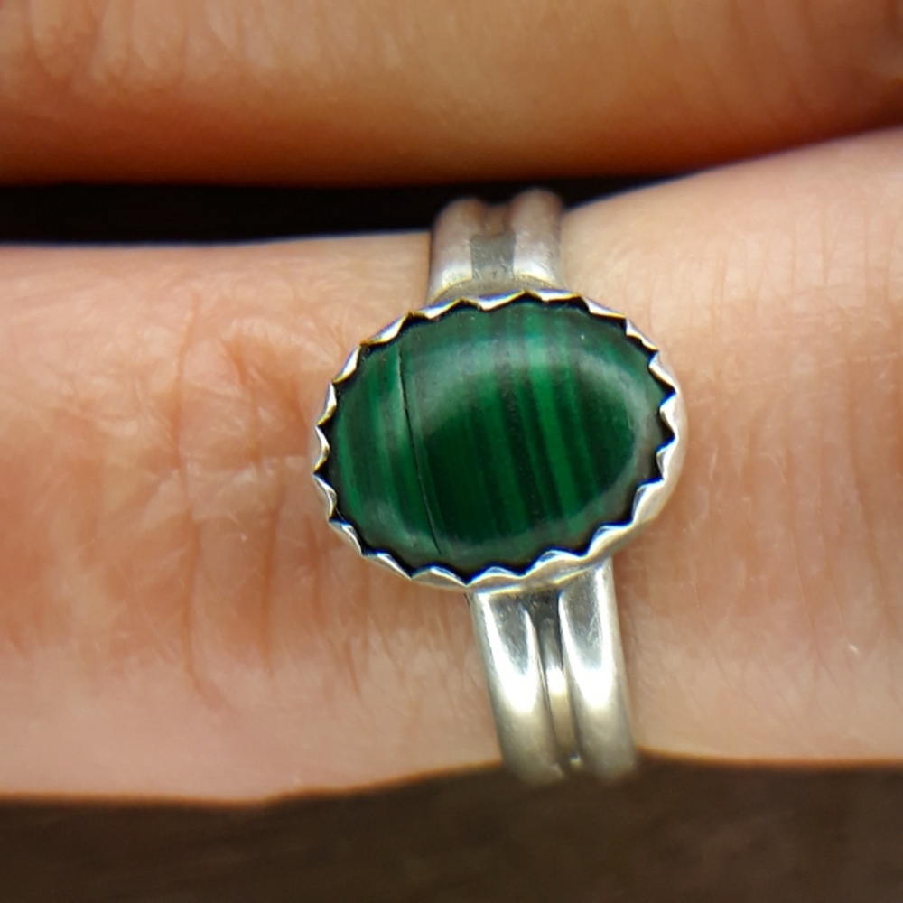 VTG Sterling Silver - NAVAJO Malachite Stone Striped Ring Size 6